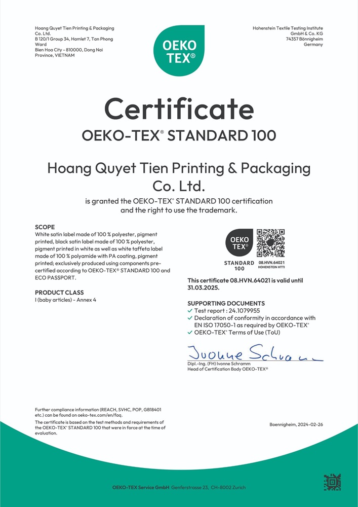 Chứng nhận Oeko-Tex Standard 100 cho hàng thông thường - In Bao Bì Hoàng Quyết Tiến - Công Ty TNHH In Bao Bì Hoàng Quyết Tiến